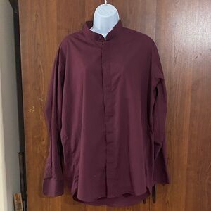 Men's Burgundy Shirt Mandarin style low collar hidden placket buttons 17 34/35